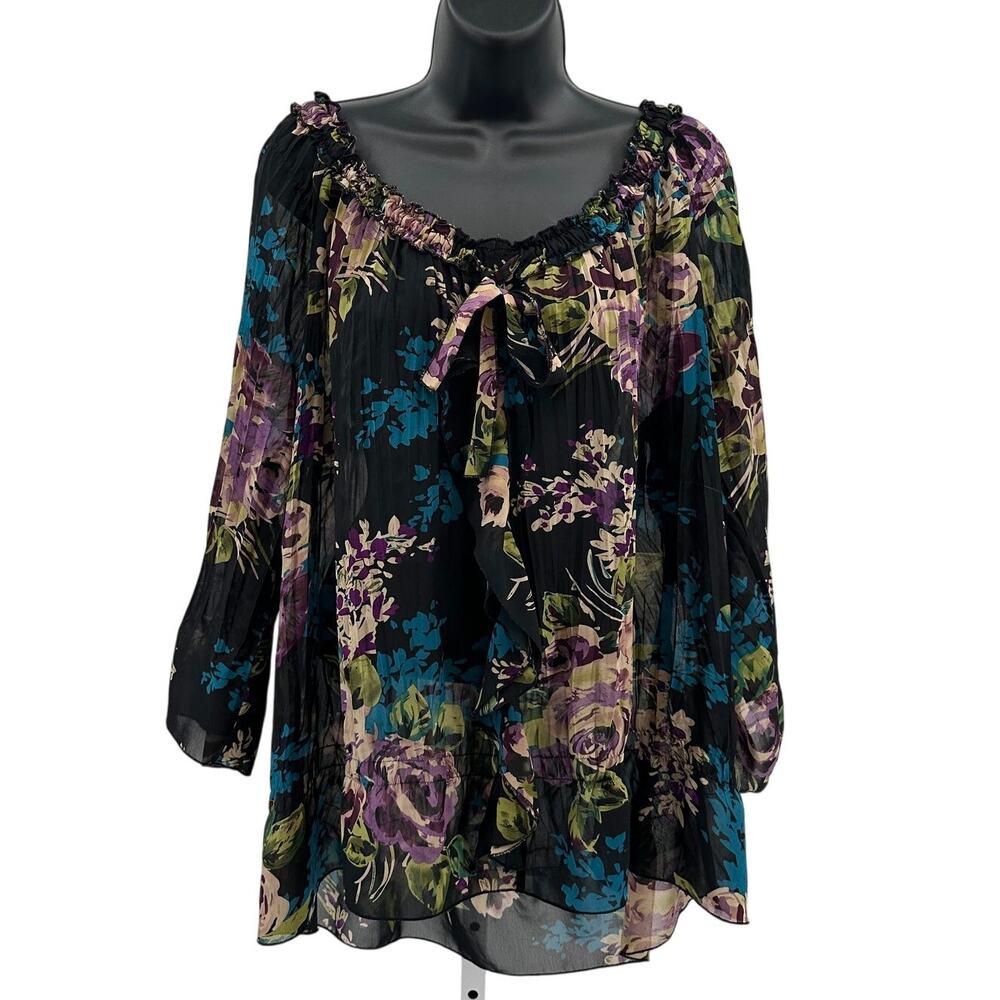 Notations Tunic Blouse 2X Purple Green Pleated Pullover 3/4 Ruffle Trim